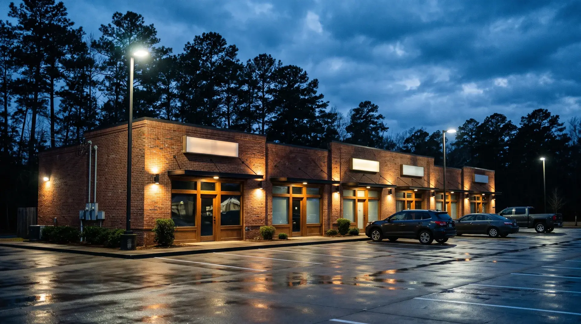 East Texas commercial strip at blue hour lit by Zara LED wall packs and pole lights